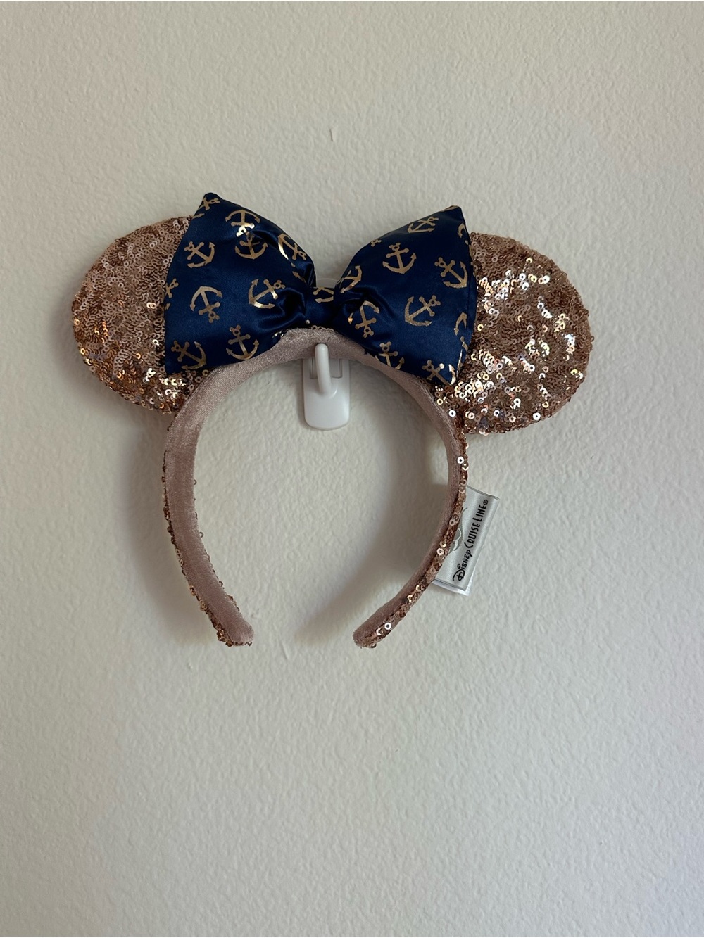 Disney Cruise Rose Gold Sequin Minnie Ears with Navy Anchor Bow